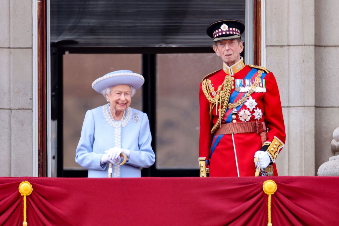 The Queen and Prince Edward, Duke of Kent on the balcony of Buckingham Palace during the Trooping the Colour parade.