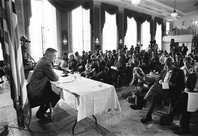 Cox speaks with reporters at the National Press Club in Washington on October 21, 1973. The previous day, Nixon had ordered Cox's firing in what became known as the Saturday Night Massacre.