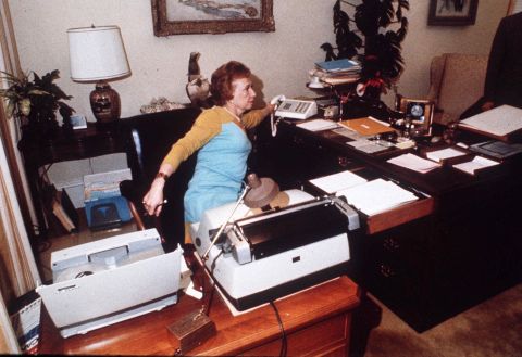 The White House agreed to release some of the subpoenaed tapes, but one — dated June 20, 1972 — included a mysterious 18-minute gap. Nixon's secretary, Rose Mary Woods, said she was responsible for accidentally erasing the tape. Here, she demonstrates the "Rose Mary Stretch" that she said could have resulted in the erasure.