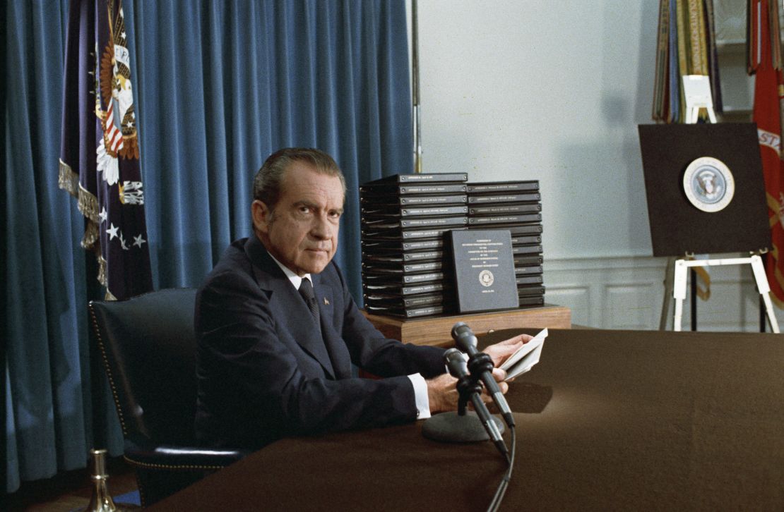 President Nixon with his edited transcripts of the White House Tapes subpoenaed by the Special Prosecutor, during his speech to the Nation on Watergate