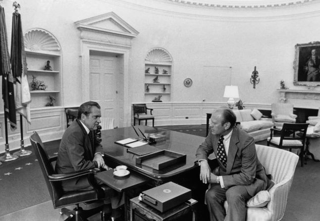 Nixon meets with Vice President Gerald Ford to discuss the transfer of the presidency. Ford had become cice president in 1973 after Spiro Agnew resigned over charges of tax evasion.