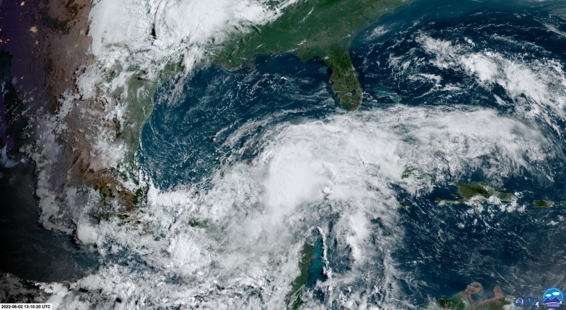 Sattelite imagery of the cluster of showers and thunderstorms which could form into a tropical depression or tropical storm Thursday or Friday.