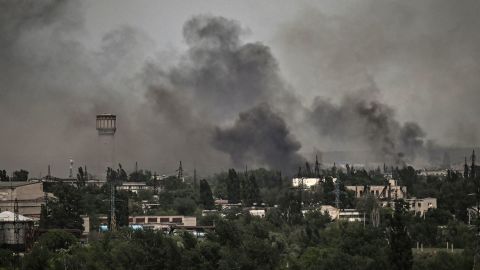 Smoke and dirt pictured over Severodonetsk on June 2, 2022. 