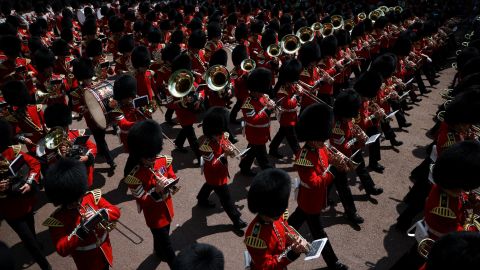 Household Division foot guards march in the Trooping the Colour parade.