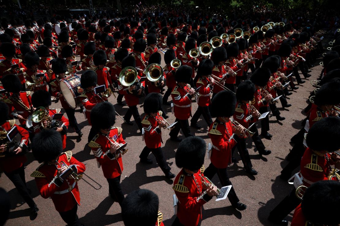 Household Division foot guards march in the Trooping the Colour parade.