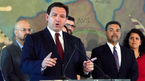 Florida Gov. Ron DeSantis speaks at Miami's Freedom Tower, on Monday, May 9, 2022, in Miami. A congressional map approved by DeSantis and drawn by his staff is unconstitutional because it breaks up a district where Black voters can choose their representatives, a state judge said Wednesday, May 11, 2022. 