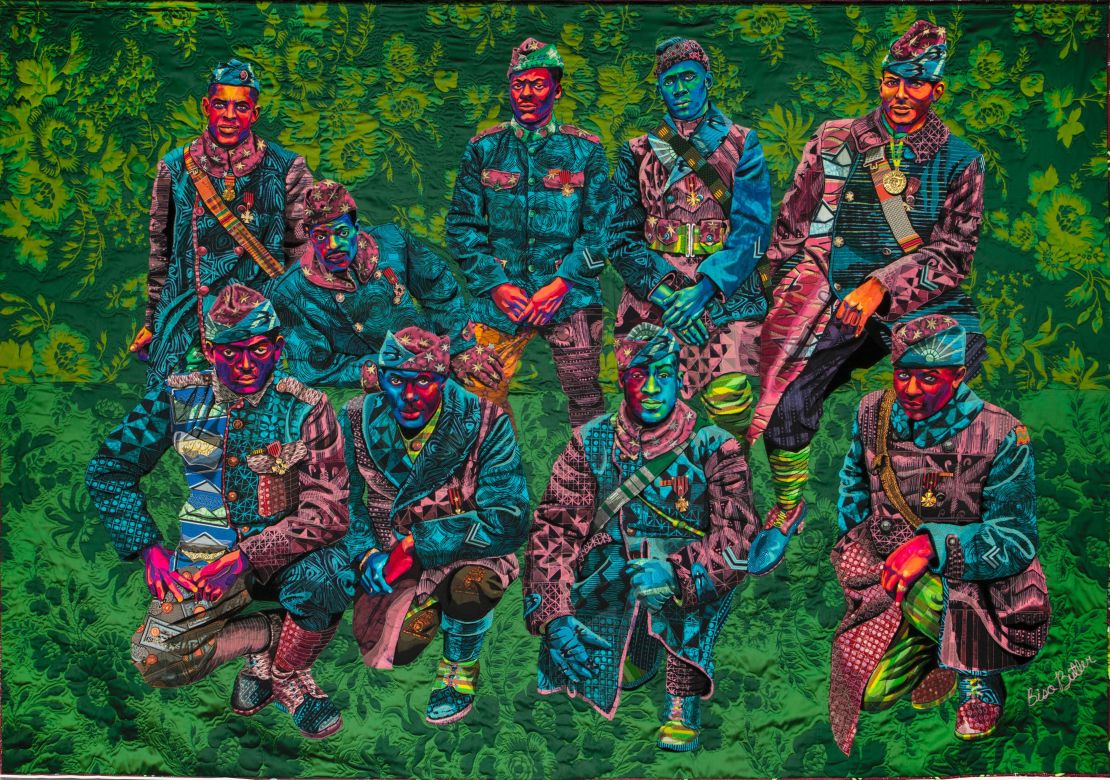 Bisa Butler's quilt of the "Harlem Hellfighters" -- a nickname of the 369th Infantry Regiment.
