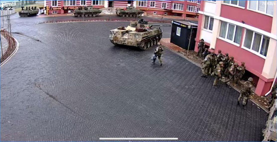 This picture from a security camera in the courtyard of the Pokrovsky residential complex shows Russian troops were active in the area on Thursday, March 3, 2022.