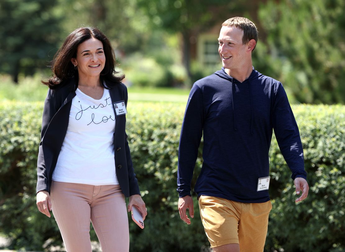 Mark Zuckerberg walks with Sheryl Sandberg after a session at the Allen & Company Sun Valley Conference on July 08, 2021 in Sun Valley, Idaho. 