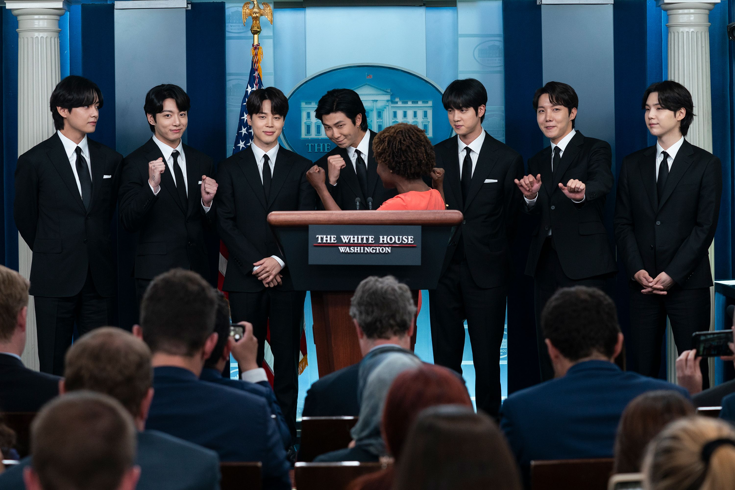 Korean pop supergroup BTS joins White House press secretary Karine Jean-Pierre at the daily briefing in Washington, DC, on Tuesday, May 31.