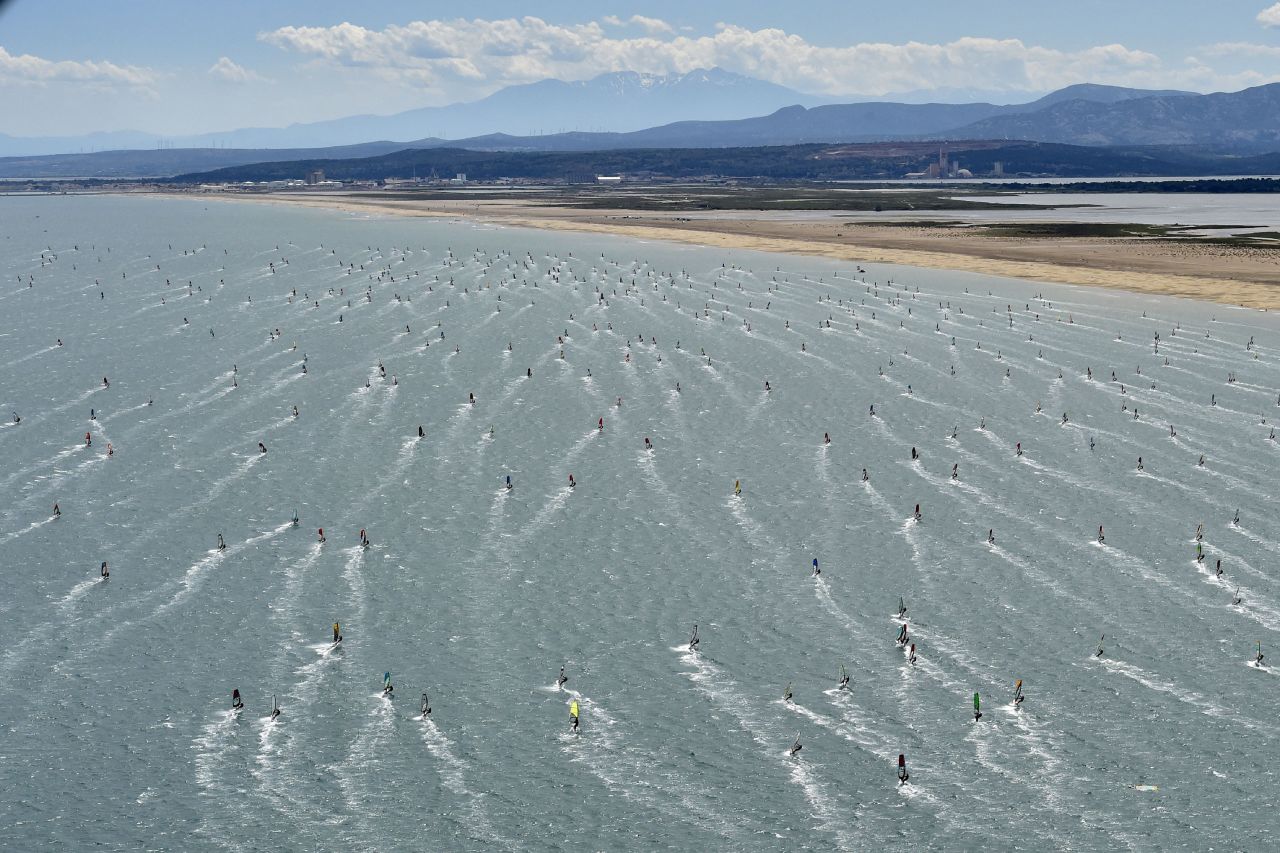 Athletes compete in a windsurfing competition off the coast of Gruissan, France, on Saturday, May 28.