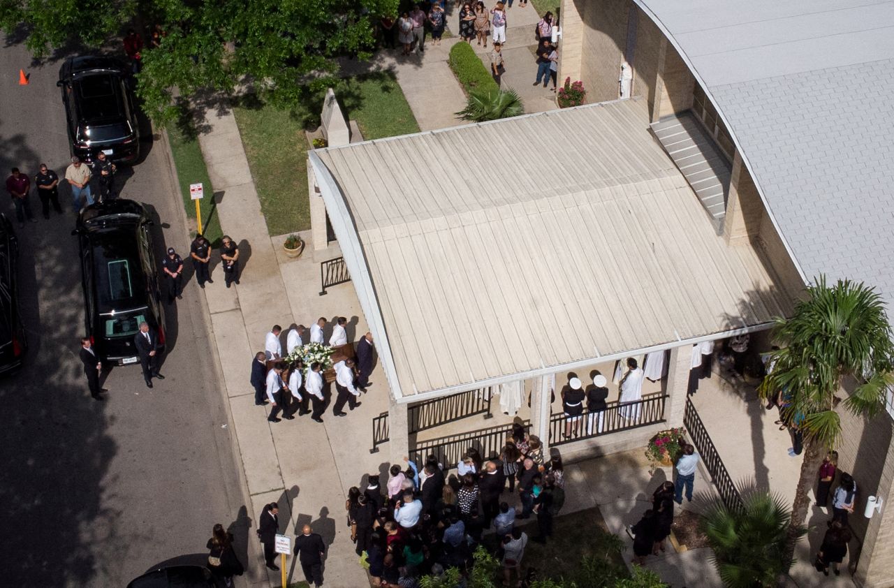 Pallbearers in Uvalde, Texas, carry Irma Garcia's casket during the funeral service for her and her husband, Joe, on Tuesday, May 31. Irma Garcia was one of the teachers killed in last month's <a href="http://www.cnn.com/2022/05/24/us/gallery/uvalde-texas-school-shooting-photos/index.html" target="_blank">mass shooting at a Uvalde elementary school.</a> Joe died of a heart attack days later.
