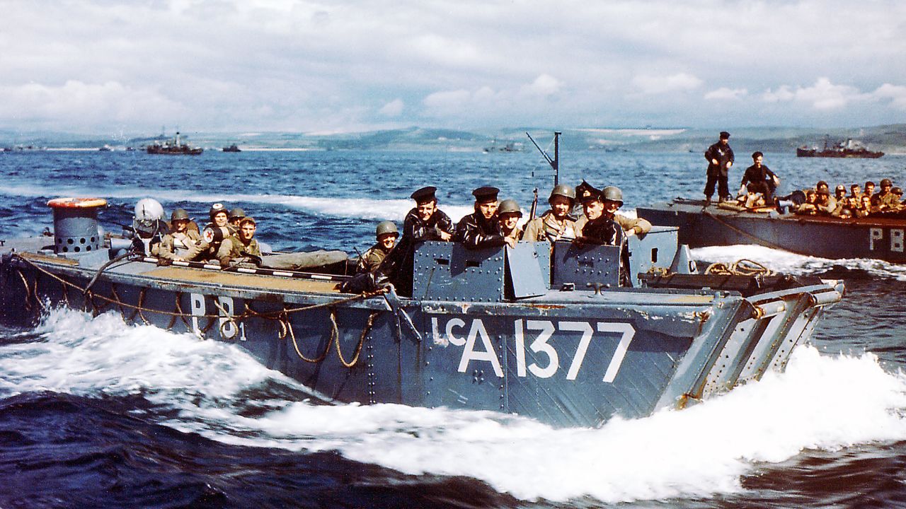 British Navy Landing Crafts carry US Army Rangers to a ship in southern England on June 1, 1944. The troops would participate in the invasion of Normandy, France.