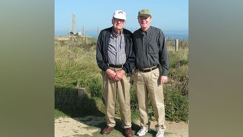World War II Army Ranger James Hudnell and his son, Ron Hudnell, return to Pointe du Hoc in September 2006. 