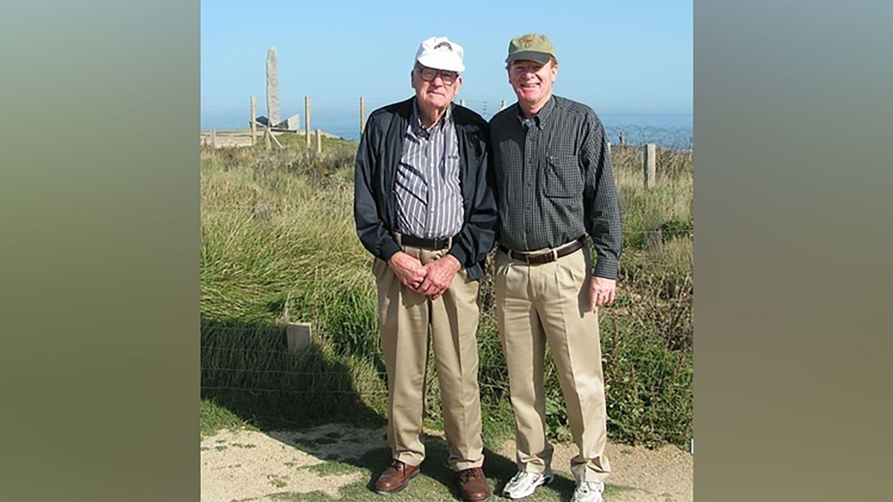 World War II Army Ranger James Hudnell and his son, Ron Hudnell, return to Pointe du Hoc in September 2006.