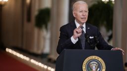 U.S. President Joe Biden delivers remarks on the recent tragic mass shootings in the Cross Hall at the White House in Washington on June 2, 2022. 
