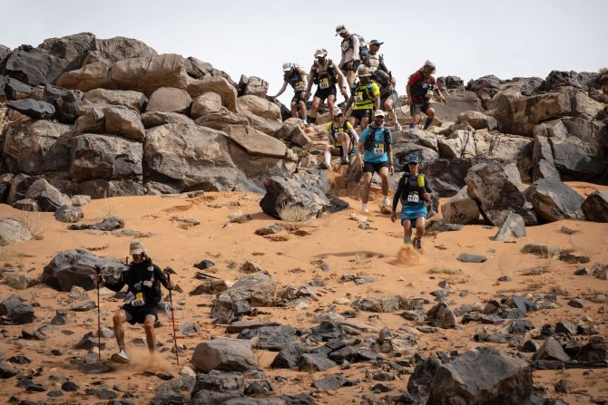 <strong>Morocco: </strong>Pictured: runners compete in stage four, which comprises of nearly 86 kilometers (53 miles) over two days. In total, the race covers 250 kilometers (186 miles) in one of the world's harshest climates. The race is billed as the "<a href="index.php?page=&url=https%3A%2F%2Fmarathondessables.co.uk%2F" target="_blank" target="_blank">toughest footrace on Earth</a>."