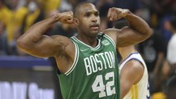 Boston Celtics center Al Horford (42) celebrates during the second half of Game 1 of basketball's NBA Finals against the Golden State Warriors in San Francisco, Thursday, June 2, 2022. (AP Photo/Jed Jacobsohn)