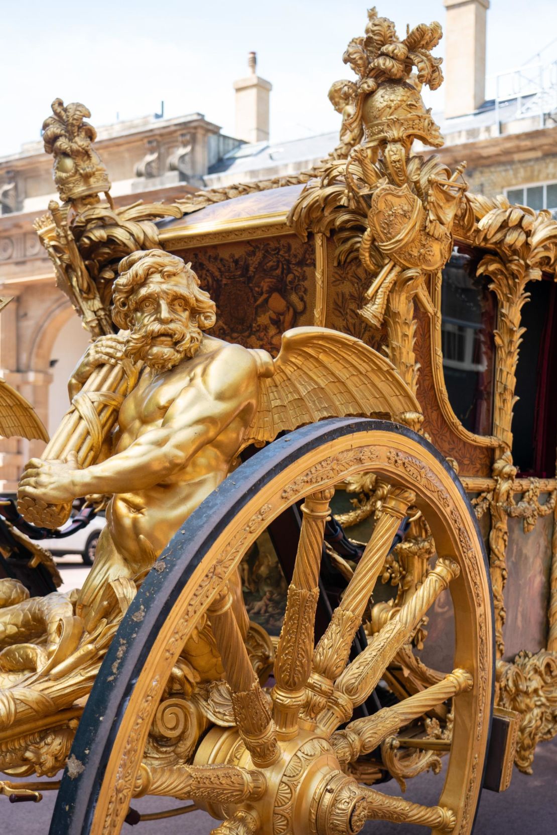 Detailed shot of the Gold State Coach at the Royal Mews in Buckingham Palace on May 6, 2022.