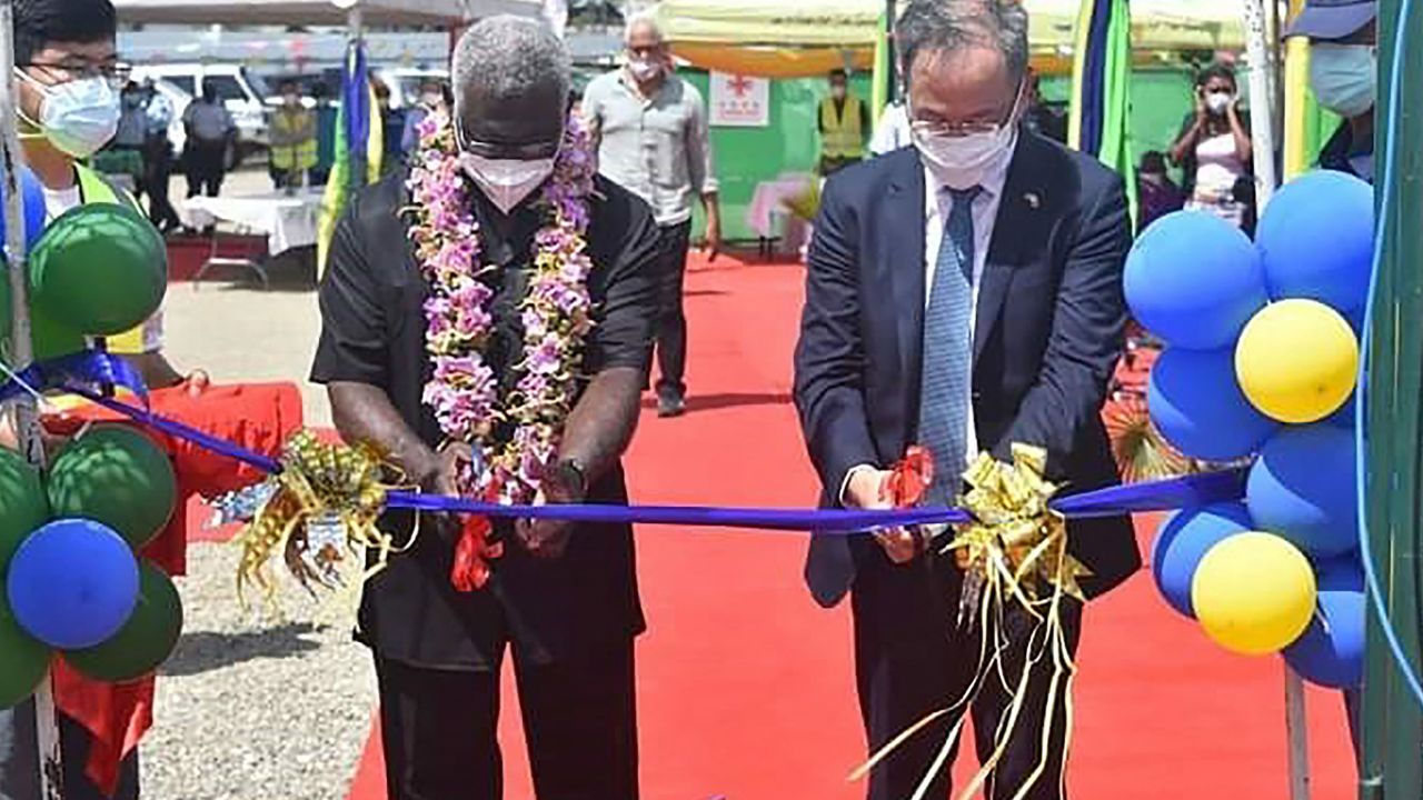 China's ambassador to the Solomon Islands Li Ming and Solomons Prime Pinister Manasseh Sogavare at the opening ceremony of a China-funded national stadium complex in Honiara on April 22, 2022.