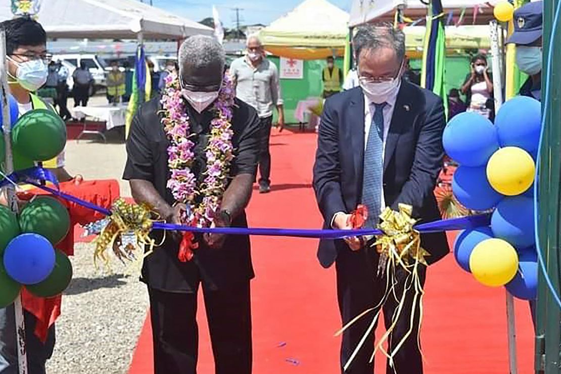 China's ambassador to the Solomon Islands Li Ming and Solomons Prime Pinister Manasseh Sogavare at the opening ceremony of a China-funded national stadium complex in Honiara on April 22, 2022.