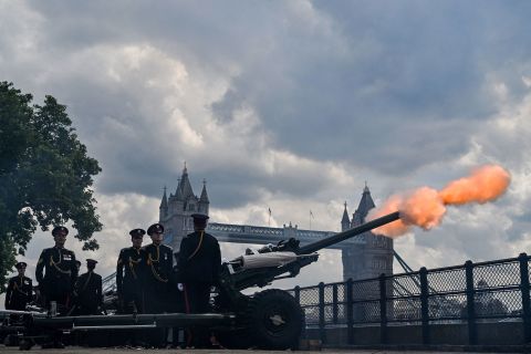 A 124-gun salute is fired at the Tower of London as part of the Trooping the Colour parade.