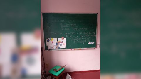This message found on a blackboard in a school in Zdvyzhivka says 