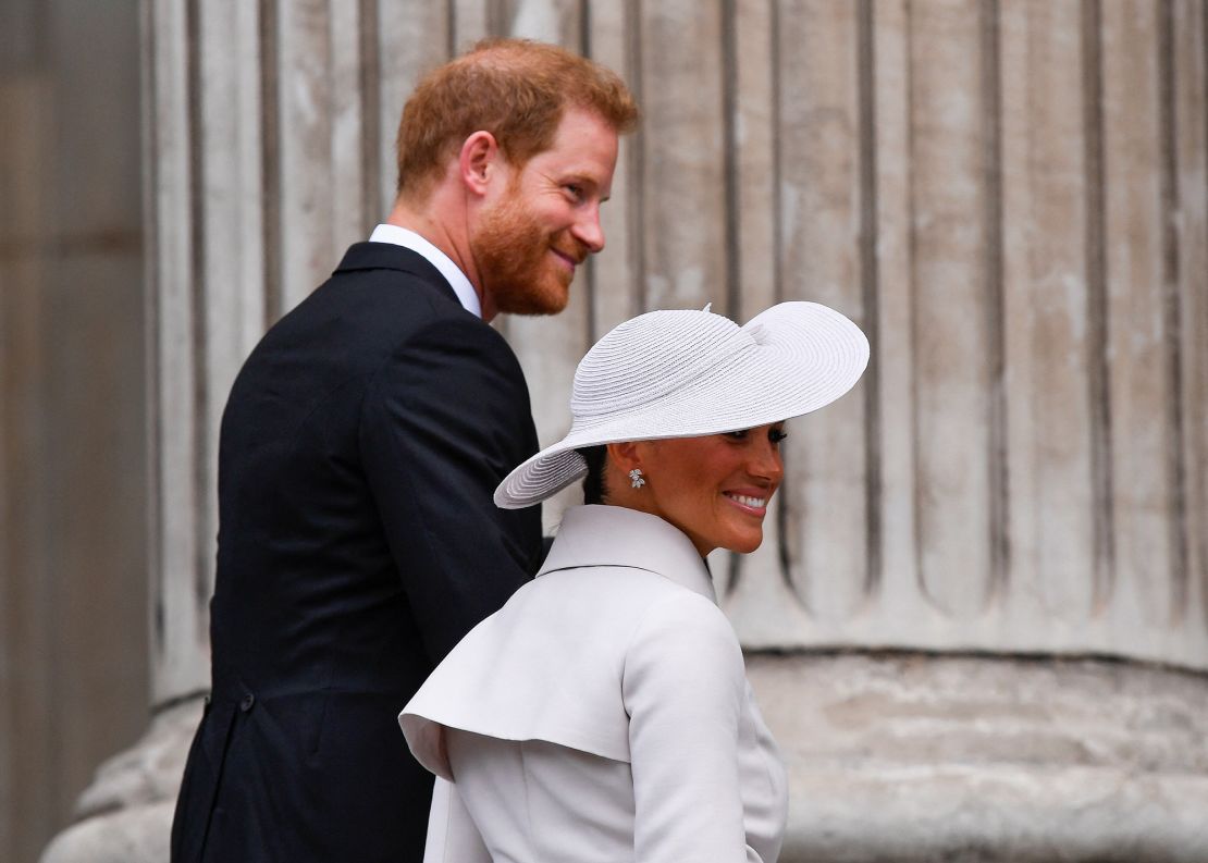 The Sussexes attend a thanksgiving service for the Queen on June 3 in London. 