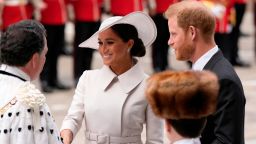 Prince Harry and Meghan, Duchess of Sussex arrive for a service of thanksgiving for the reign of Queen Elizabeth II at St Paul's Cathedral in London.