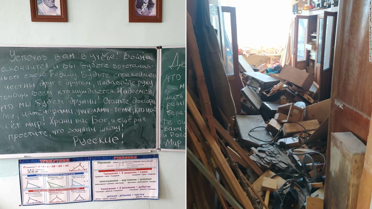 A note from Russian soldiers was purportedly left in a ransacked school in Katyuzhanka.