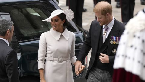 Prince Harry and Meghan, Duchess of Sussex arrive at the service of thanksgiving on Friday.