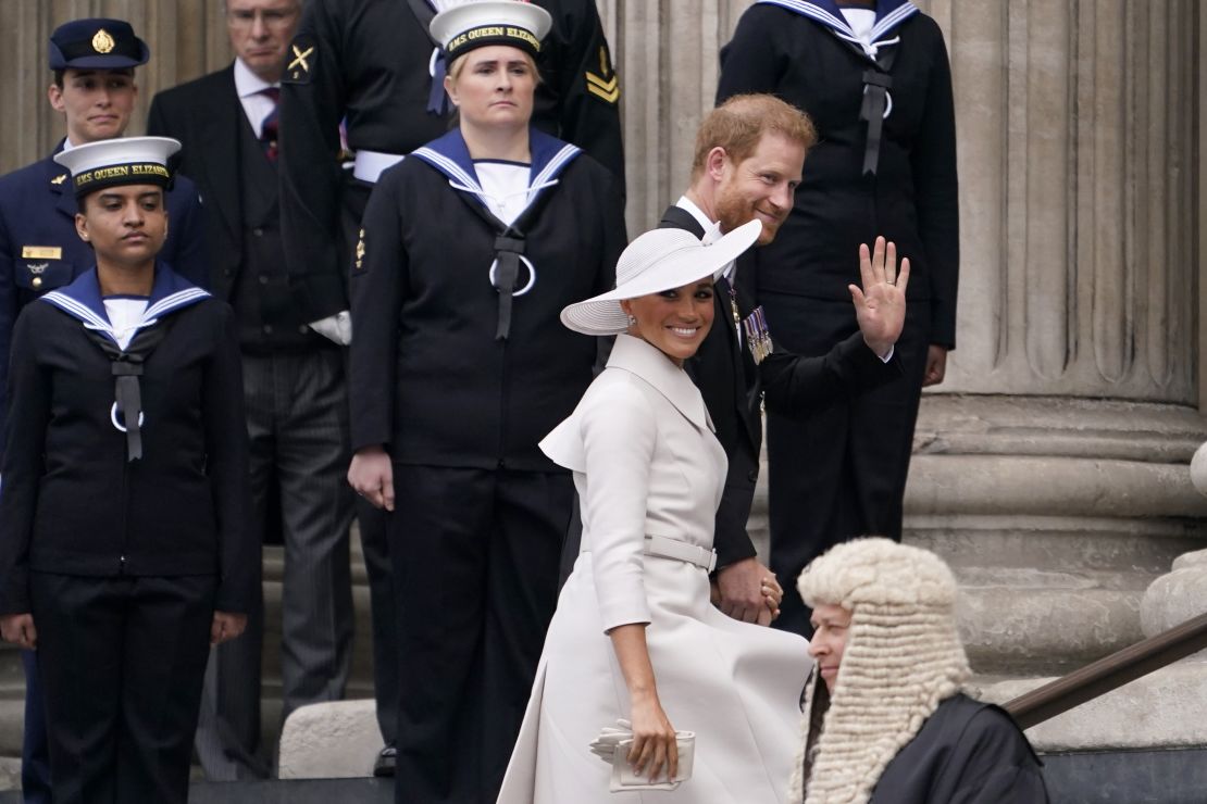 Prince Harry and Meghan, Duchess of Sussex, arrive for a service of thanksgiving for the reign of Queen Elizabeth II at St Paul's Cathedral in London on Friday.