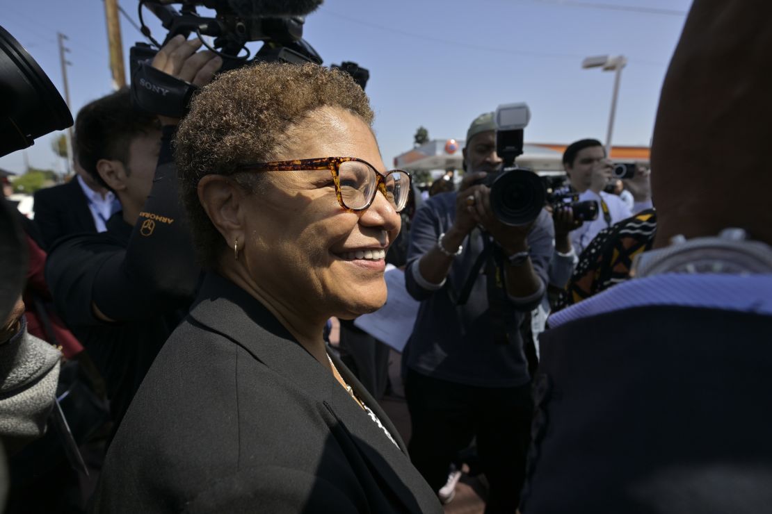 US Rep. Karen Bass, a candidate for Los Angeles mayor, arrives at a news conference in Los Angeles on April 29, 2022. 