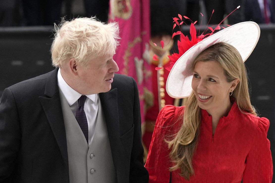 Britain's Prime Minister Boris Johnson and wife Carrie Symonds arrived at a service for the Queen's Jubilee Friday. 
