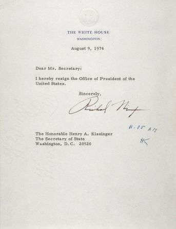 Nixon's resignation letter was initialed by Secretary of State Henry Kissinger at 11:35 a.m. on August 9, 1974.