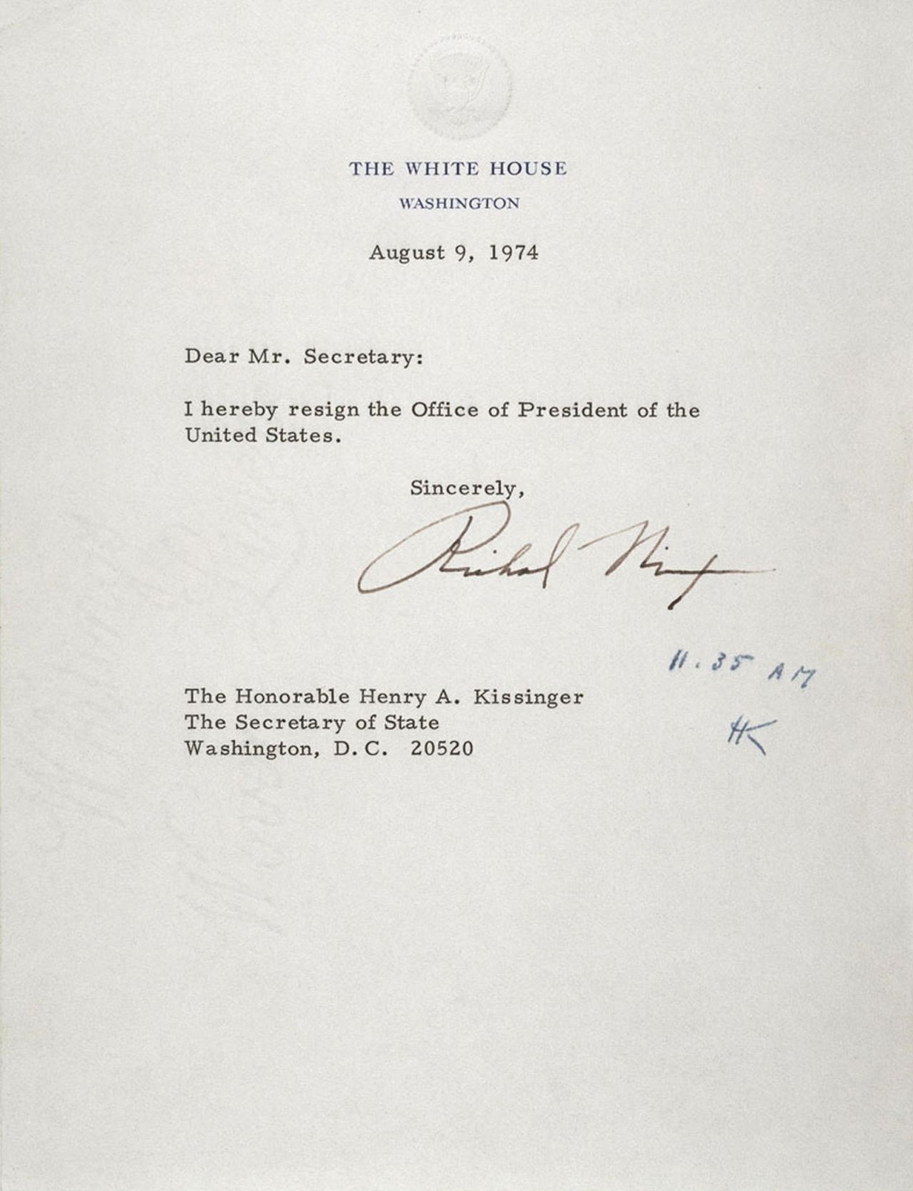 Nixon's resignation letter was initialed by Secretary of State Henry Kissinger at 11:35 a.m. on August 9, 1974.