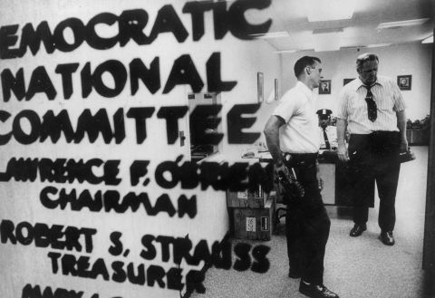 Police check out the Democratic National Committee's headquarters in Washington on June 17, 1972. Five men were arrested early that morning after a break-in at the headquarters, which was inside the Watergate office building.