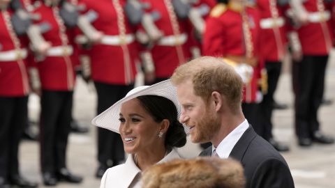 Prince Harry and Meghan, Duke and Duchess of Sussex arrive for a national service at London's St Paul's Cathedral on Friday to celebrate the jubilee.
