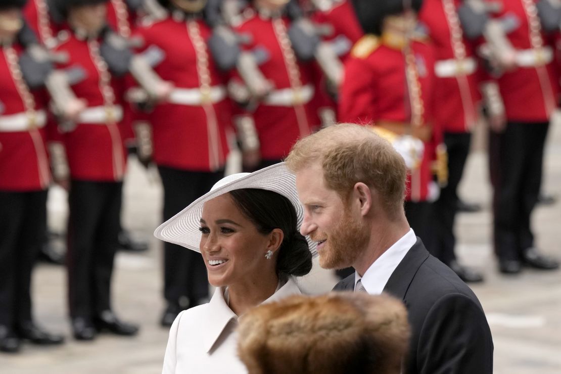 Prince Harry and Meghan, Duke and Duchess of Sussex arrive for a national service at London's St Paul's Cathedral on Friday to celebrate the jubilee.