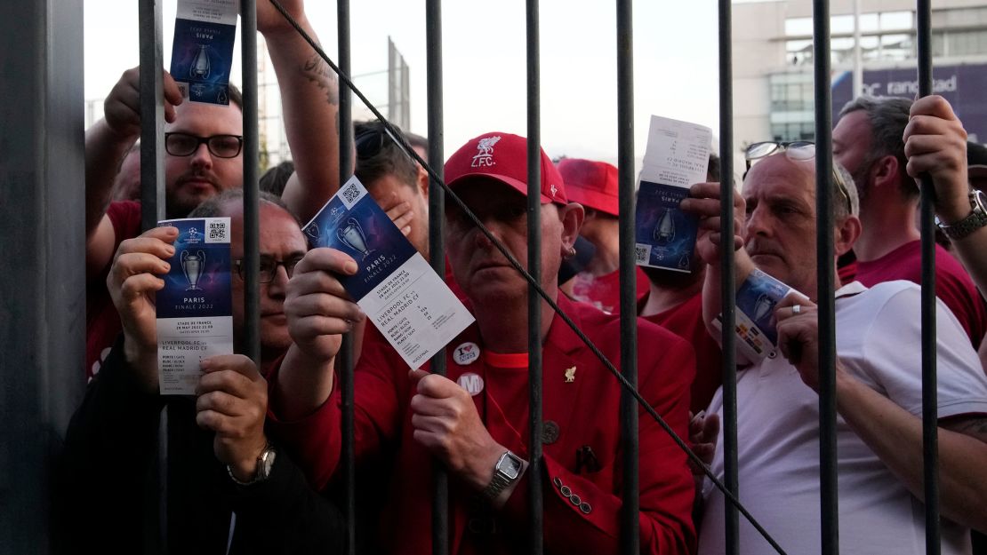 Liverpool fans wait to be admitted to the Stade de France prior to the Champions League final.