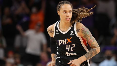 Griner playing for the Phoenix Mercury during the WNBA playoffs in October 2021.