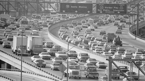 Traffic in Los Angeles in 1973. The development of rest stops on the highway lessened the need to go to a gas station to use the bathroom.