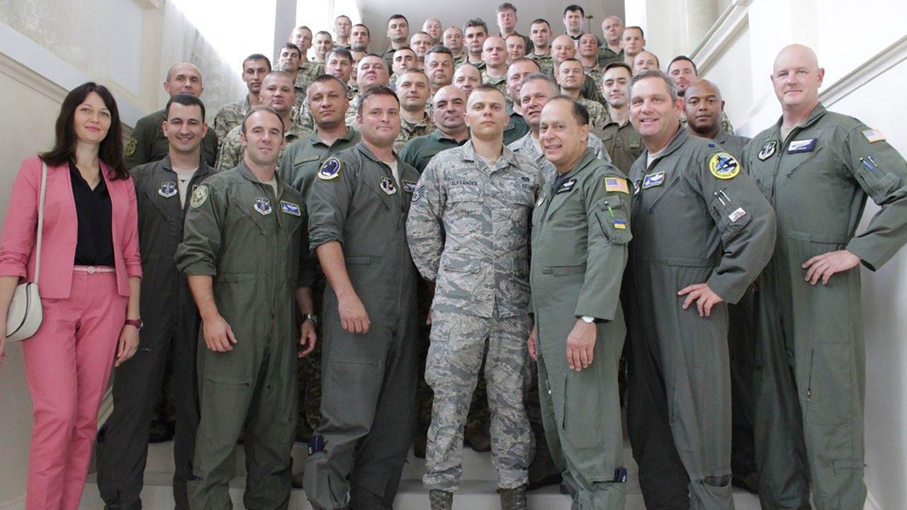 Col. Robert Swertfager (second from right, front row) stands with members of the California Air National Guard and the Ukrainian Air Force during the 2018 Clear Sky exercise.