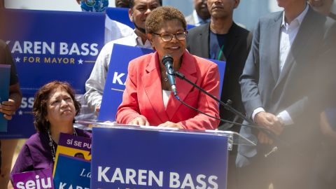 Rep. Karen Bass, a candidate for Los Angeles mayor, gathers with supporters on May 27, 2022.