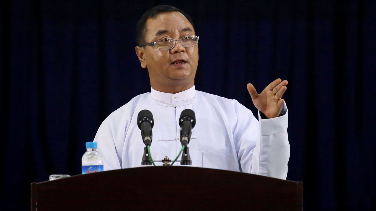Myanmar's military junta spokesman Zaw Min Tun speaks during the information ministry's press conference in Naypyitaw, Myanmar, on March 23, 2021.