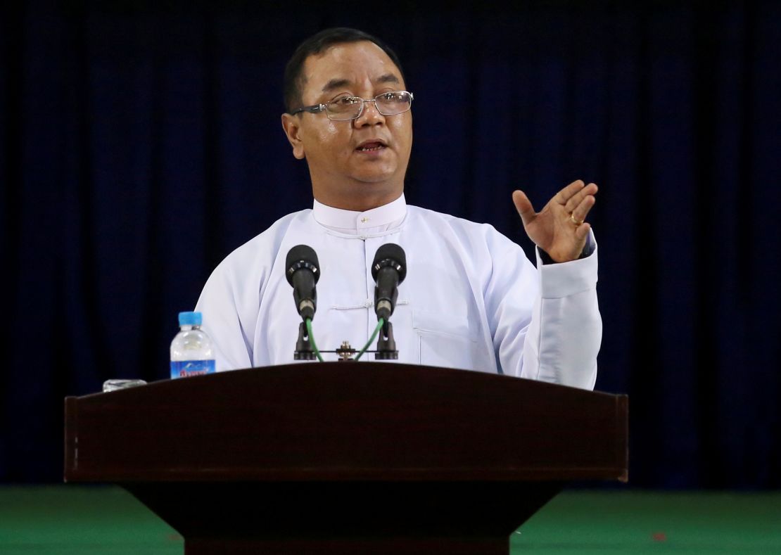 Myanmar's military junta spokesman Zaw Min Tun speaks during the information ministry's press conference in Naypyitaw, Myanmar, on March 23, 2021.