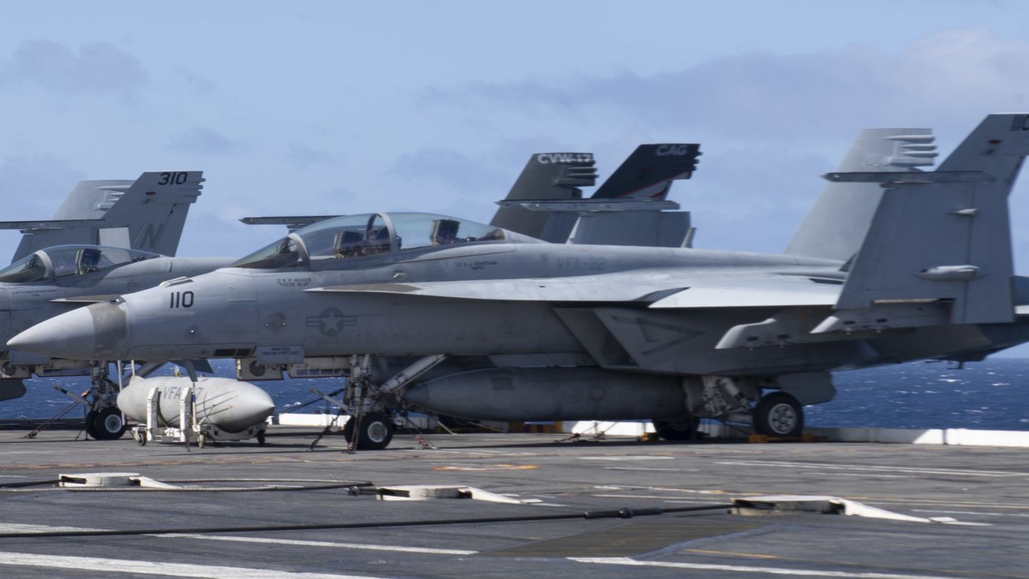 An F/A-18E Super Hornet, similar to these resting on the flight deck of the aircraft carrier USS Nimitz, crashed Friday.