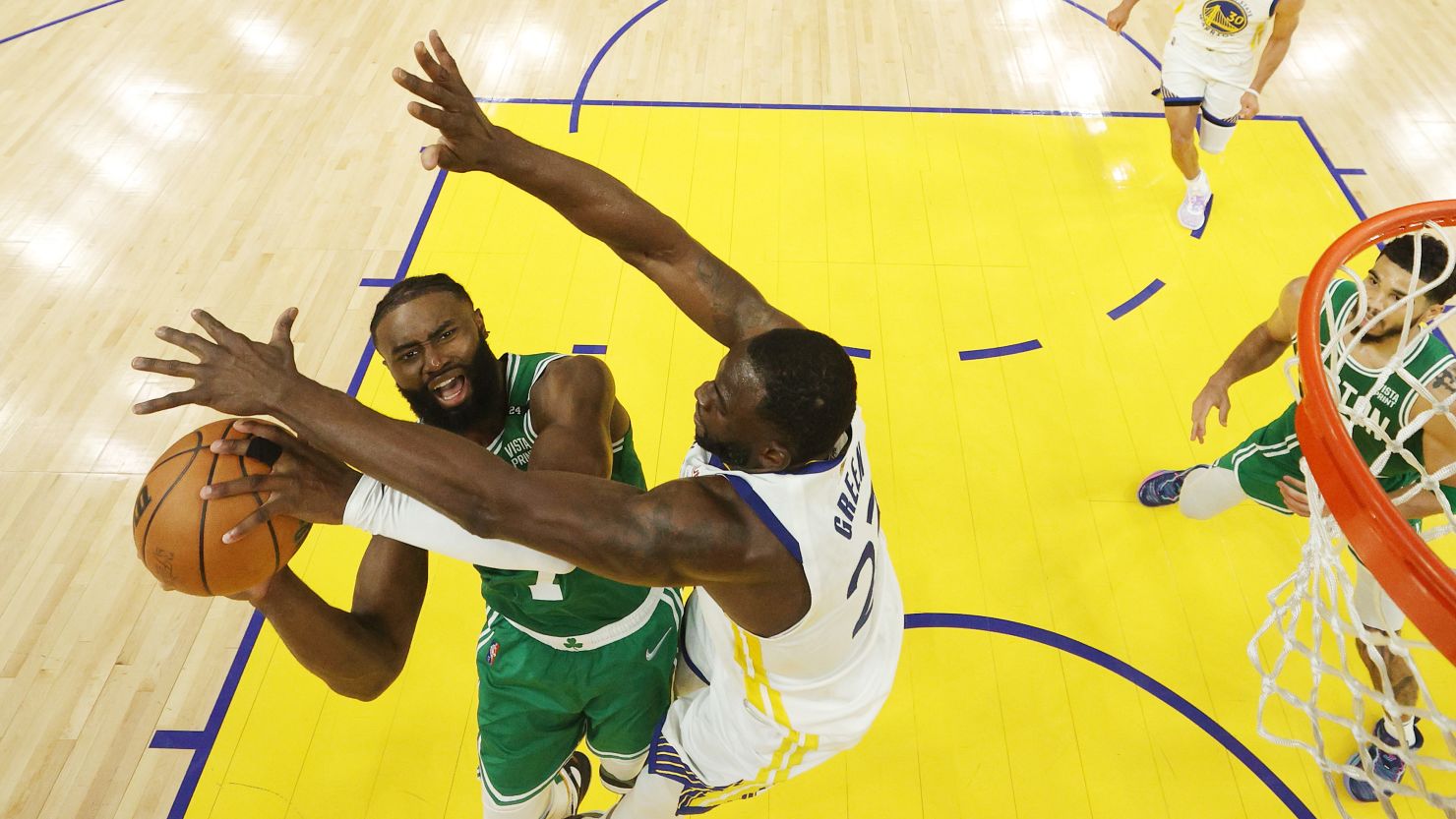 Boston Celtics' Jaylen Brown shoots against the Golden State Warriors in Game 1 of the NBA Finals. 