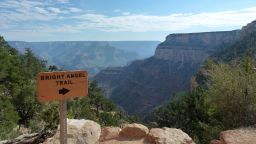 A view of a 'Bright Angel Trail' signpost at  Grand Canyon from the South Rim.