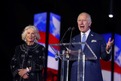 Prince Charles, accompanied by his wife Camilla, the Duchess of Cornwall, delivers a speech at Saturday night's concert. "You pledged to serve your whole life," he said of his mother, the Queen. "You continue to deliver. That is why we are here. That is what we celebrate tonight."